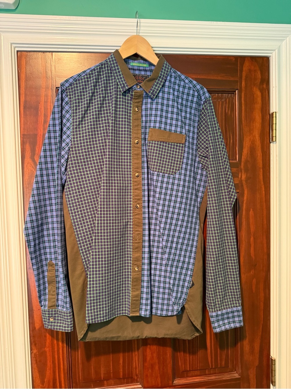 Scotch & Soda Blue Check Button-Down Shirt with Brown Accents